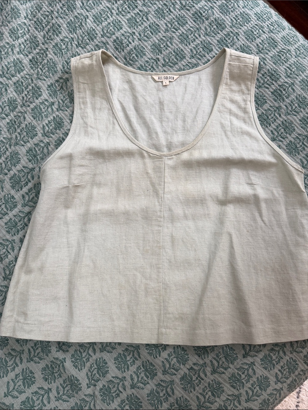 Ali Golden pale green Cream Scoop Neck Linen-Blend Tank